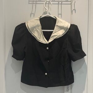 Dazy Black and White Blouse with Sailor Collar Pearl Buttons